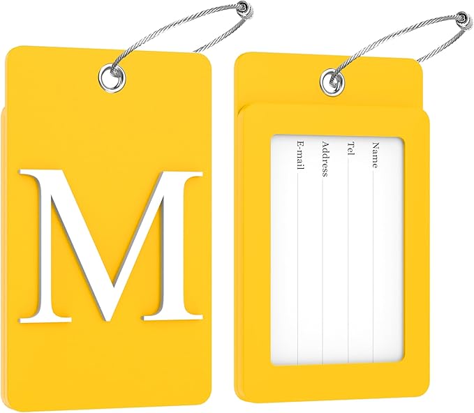 Gostwo 2 Pack Luggage Tags for Suitcases, 26 Initial Letter Travel Luggage Baggage Identification Labels ID Tag Fully Bendable Tags with Stainless Steel Loop (Yellow) (Letter M)