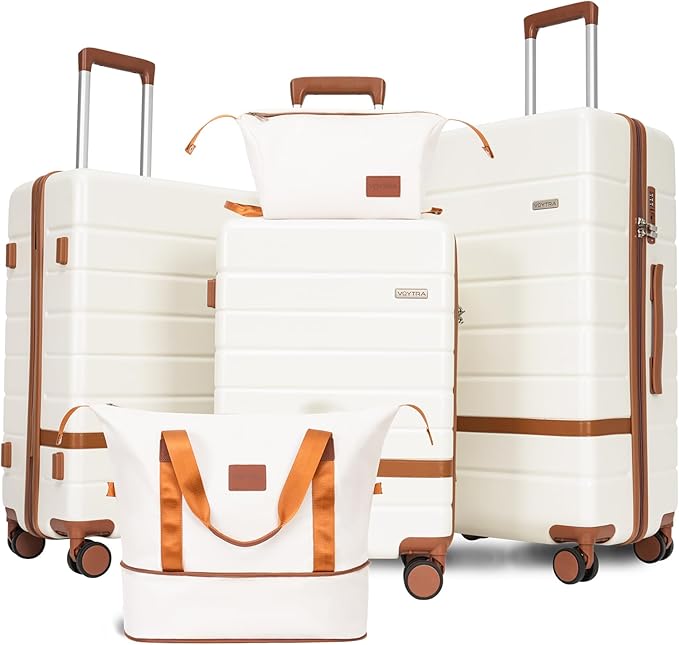 5-Piece Luggage Sets with 8 Smooth Spinner Wheels, Hard shell ABS+PC Luggage, Travel Suitcases with TSA Lock, YKK Zippers (20/24/28/DB/TB Beige)