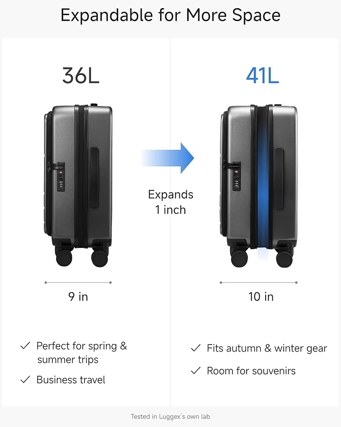 LUGGEX Carry On Luggage Top Opening, FLT Expandable Polycarbonate Hard Shell Suitcase with Wheels (FX-Lite, Charcoal Metallic, 20 Inch, 36L-41L)