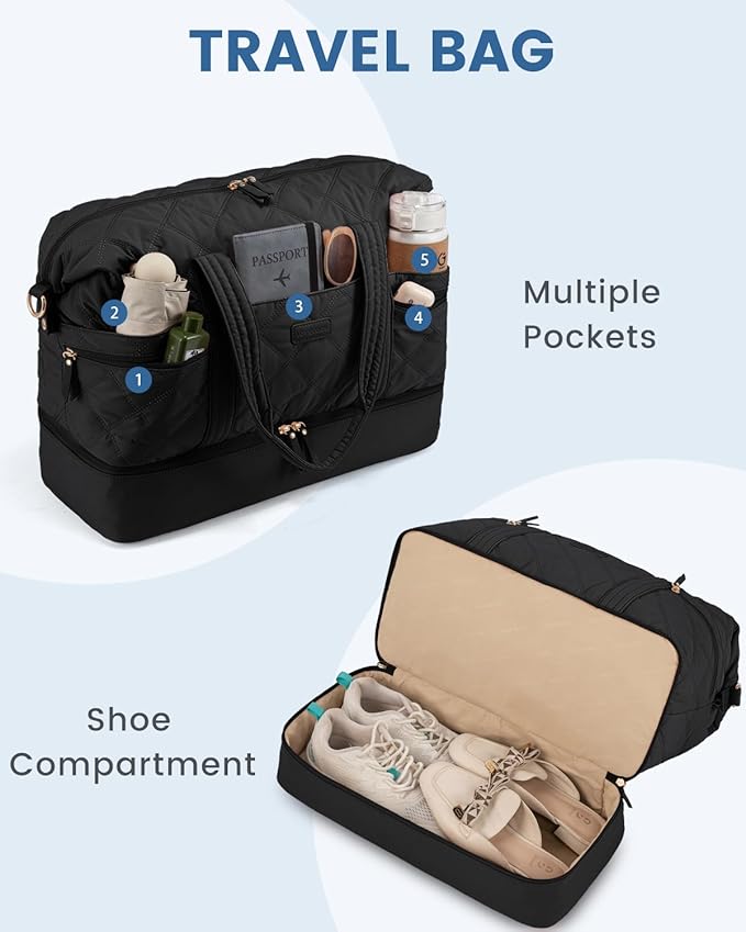 LOVEVOOK Travel Duffle Bag, Lightweight Weekender Bags for Women with Shoe Compartment, 40L Puffer Gym Bag Personal Item Travel Bag, Overnight Bags and Hospital Bag for Labor and Delivery, Black
