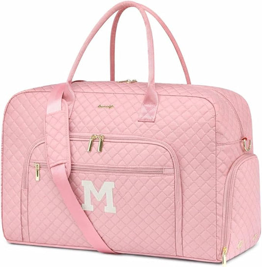 Letter Travel Duffle Bags for Women - Initial Personalized Weekender Bag with Shoe Compartment Carry On Overnight Bag with Toiletry Bag Duffel Bags Hospital Bags Birthday Gifts Pink (Letter M)