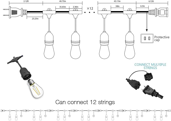 Outdoor String Lights Commercial Grade 96ft Waterproof with 30 S14 Shatterproof Dimmable LED Bulbs, Heavy Duty Hanging Lights for Patio Garden Backyard Decoration, 2W 2x48ft Strands