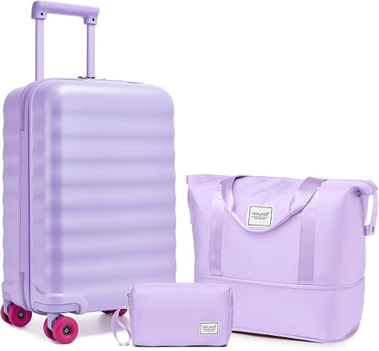 Luggage Sets 3 Piece, Carry On Luggage 22x14x9 Airline Approve PC Hardside Suitcase Set with Wheels TSA Lock, Durable Carry-On Suitcase with Duffel Bag for Women (Lavender)
