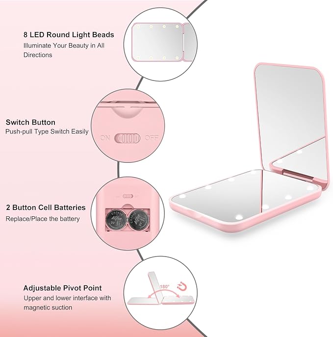 Kakuje Compact Mirror, 1X/3X Magnification LED Pocket Mirror with Nternal BIattery, Mini Mirror for Purse, Pocket,Travel and Present (Pink)