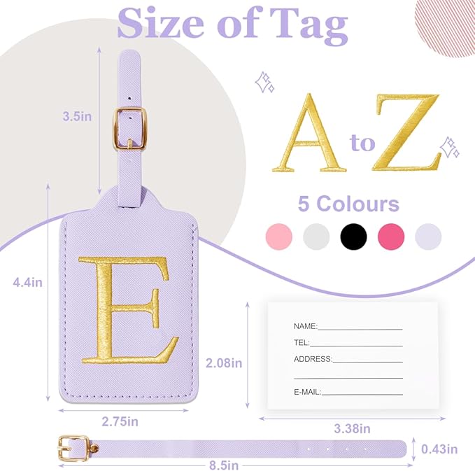 Personalized Initial Luggage Tags for Suitcases,Leather Letter Cute Luggage Tags with Privacy Name Card,Embroidered Monogrammed Travel Bag Backpack Tag Gifts for Women Kids Girls Teens(Purple-E)