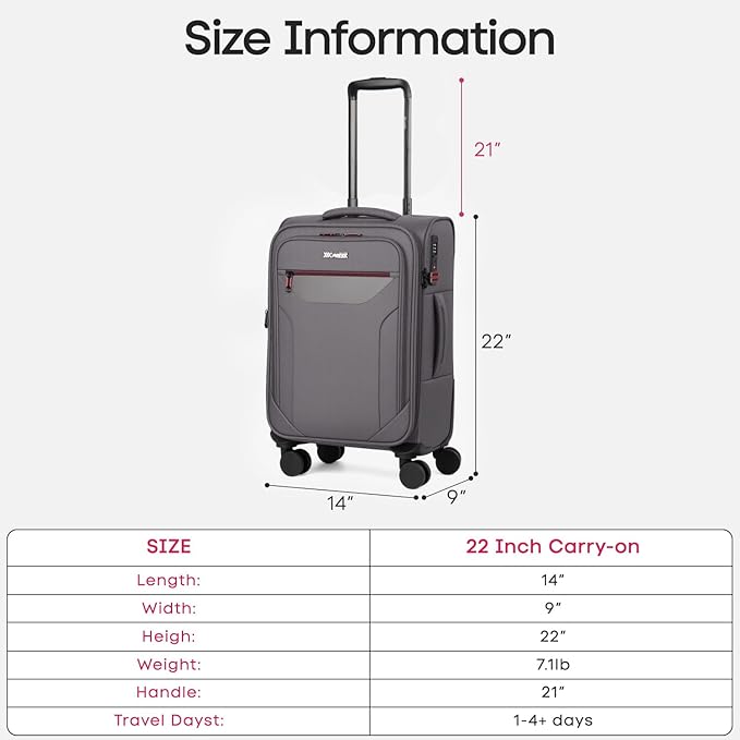 Carry on Luggage 22 X 14 X 9 Airline Approved,22 Inch Softside Suitcases w/TSA LOCK,Lightweight Carry-On Suitcase w/Spinner Wheels,Upright Softshell Luggage for Men/Women（Grey,22in）