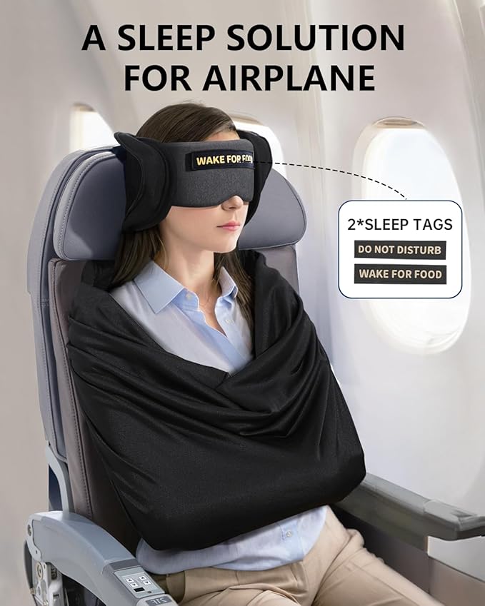Travel Pillow and Blanket Set, Compact Airplane Pillow Bag with Eye Mask for Long Flights Sleeping, 360° Support Head Strap Travel Essentials for Plane Car Sleep Neck Upright, Stop Bobblehead (Grey)