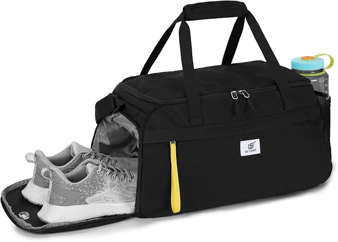 SKYSPER Gym Bag for Men & Women with Shoe Compartment, Carry-on Gym Duffle Bag for Travel and Sports, Workout Overnight Bag with Large Wet Pocket, Black