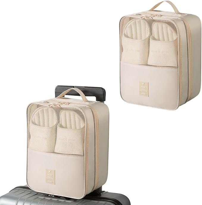 Resdenio 2 Pack Shoe Bags for Travel - Holds 3 Pair of Shoes, Portable Shoes Storage Bag Organizer, Travel Luggage Shoe Organizer for Women and Teenager (Beige)