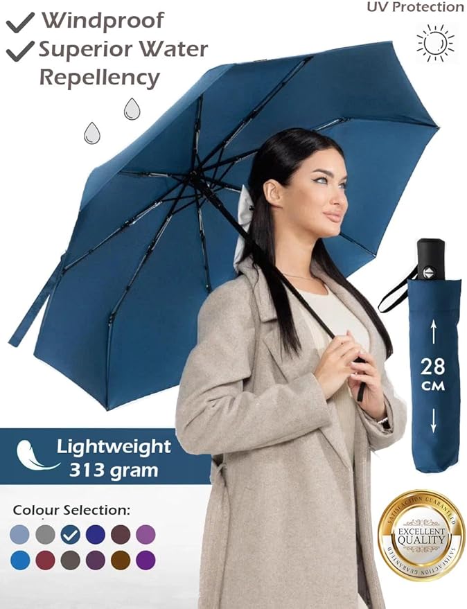 Windproof Travel Umbrella - Compact, Light, Full Automatic Open/Close - Folding Backpack Umbrella for Rain & Sun UV Preotection For Men & Women, Unbreakable 8 Fiberglass Ribs UK Design