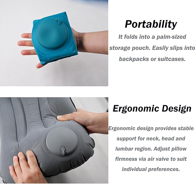 3 Pack Inflatable Camping Pillow - Ultralight Travel Air Pillows for Neck Lumbar Support, Press-to-Inflate Design, Blow Up Pillow for Camping, Hiking, Backpacking (Grey, Malachite Green, Light Blue)