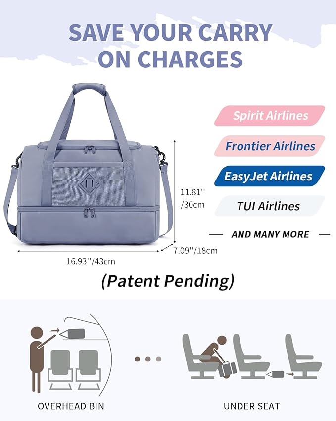 WANDF Travel Duffel Bag with Wet Pocket & Shoe Compartment, 18x14x8 Personal Item Bag with USB Charging Port, Water-Resistant Gym Weekender Overnight Carry-on for Women Men (Grey)