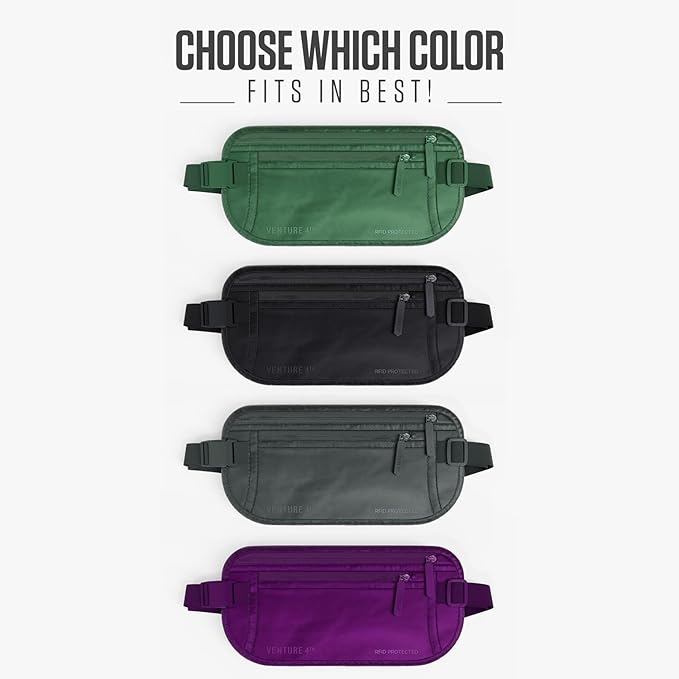 VENTURE 4TH Money Belt for Travel – Hidden Under-Clothes RFID Blocking Passport Holder & Slim Travel Wallet Pouch for Men & Women to Protect Cash, Cards & Documents (Sleek Army Green)