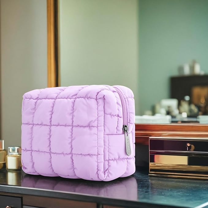 E-Tree Cute Makeup Bag,Quilted Cosmetic Bag for Women,Make up Pouch for Purse,Toiletry Zipper Pouch,Checkered Bag,Travel Case,Storage Pouches for Organization (Purple)