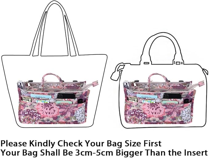 BTSKY Printing Handbag Organizers Inside Purse Insert - High Capacity 13 Pockets Bag Tote Organizer with Handle (Peony)