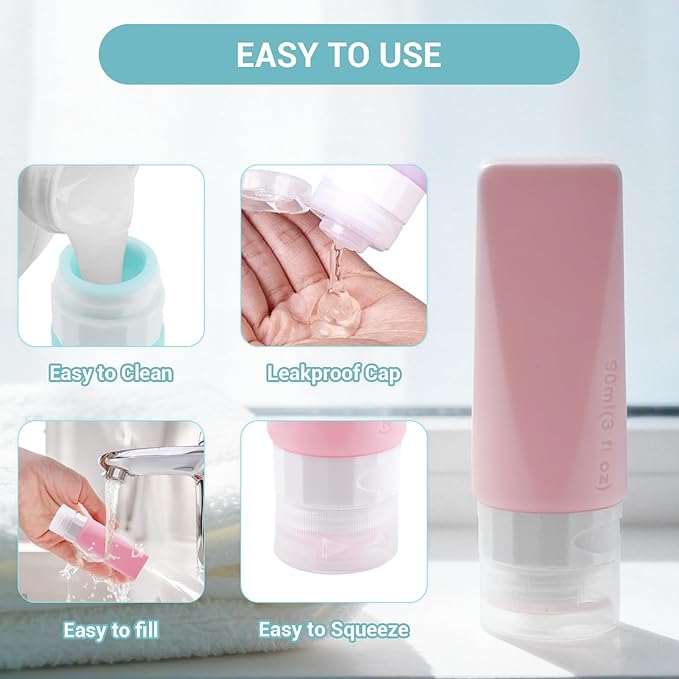 Travel Bottles Leak Proof,3 oz TSA Approved Silicone Squeezable, Refillable Containers Set for Toiletries Shampoo Conditioner Lotion