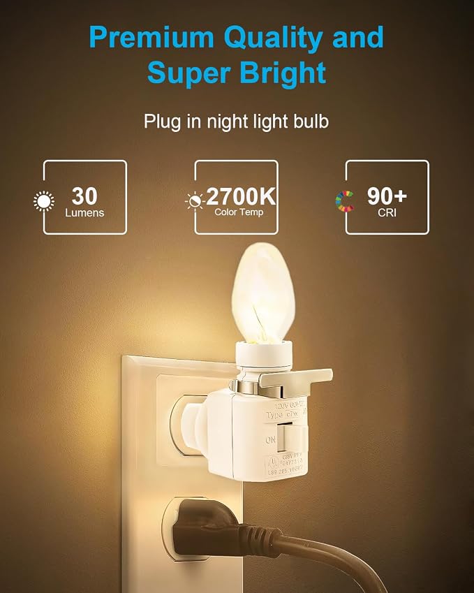 Night Light Bulbs - 4W Dimmable Warm White - E12 Base - Small Clear Glass, C7