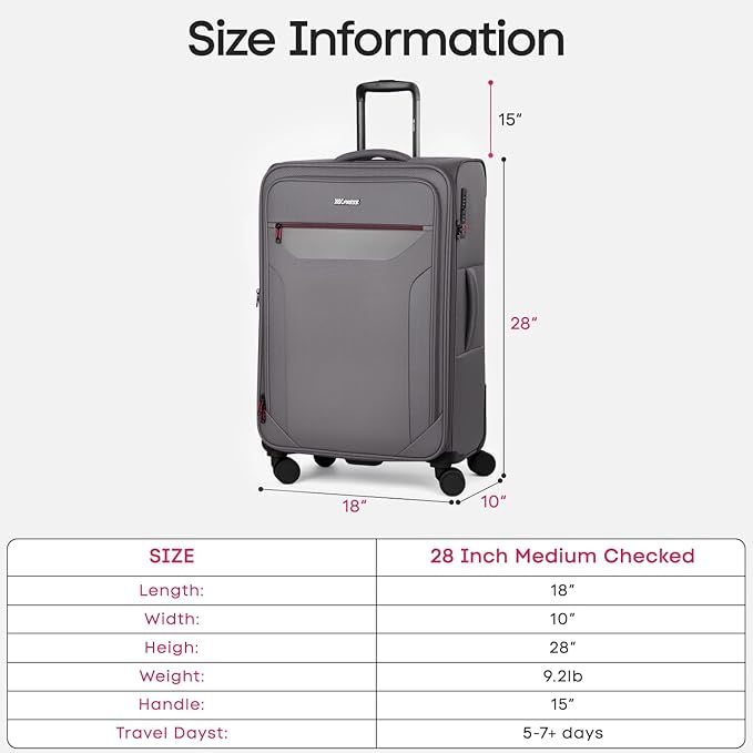 28 Inch Softside Expandable 20% Checked Luggage w/TSA LOCK and Spinner Wheels,Lightweight Upright Softshell Luggage for Men/Women（Grey,28in）