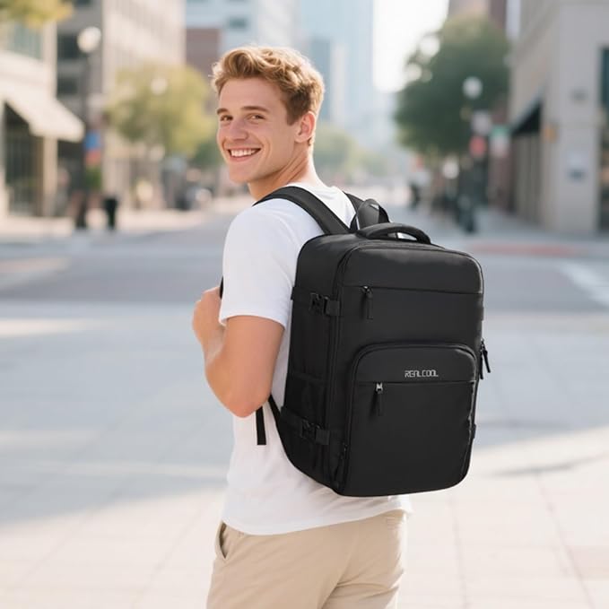 RealCool Travel Backpack for Women Men - Gift for Travelers, Students & Professionals, 15.6 Inch Laptop Carry On Backpack, TSA Flight Approved, College School Business Weekender Daypack-Black