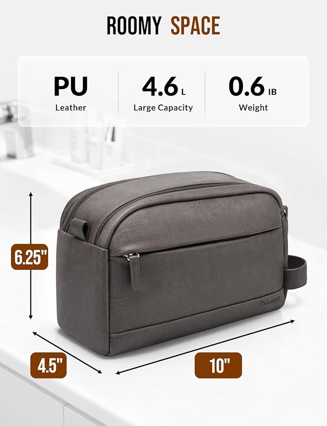 PU Leather Toiletry Bag for Men - Water Resistant Travel Bag for Toiletries, Bathroom Essentials, Accessories - Grey