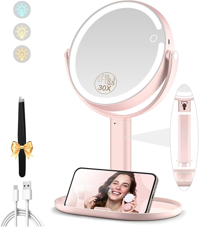 MOMOKUBA Makeup Mirror with Lights, Double Sided 1x/30x Magnifying Mirror with Light, Rechargeable 3 Color Lights and Adjustable Brightness, 360° Rotation Detachable Comes with Tweezer(Blush-30X)