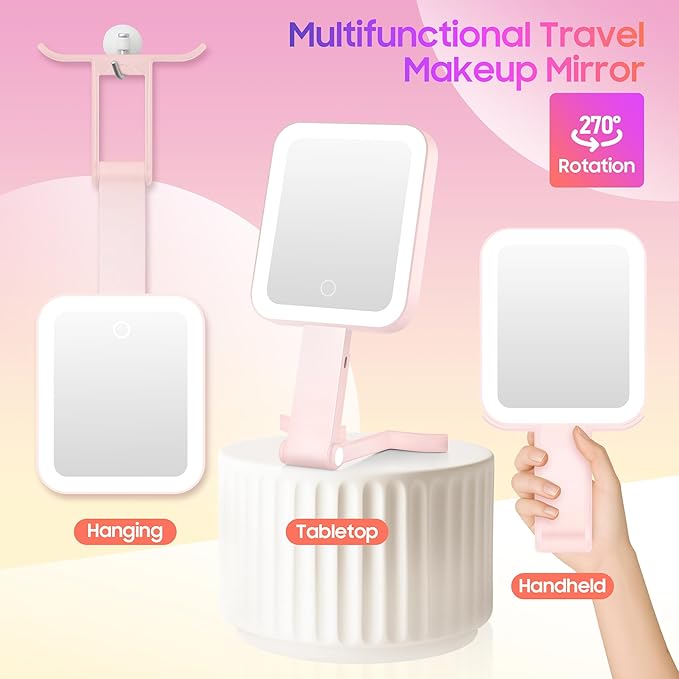 GOMIPURU Magnifying Travel Mirror with Light, 30X/1X Double-Sided Magnifying Mirror with 3 Color Lights, Brightness Adjustable,Foldable Handheld Makeup Mirrors Portable for Travel and Desktop Use,Pink