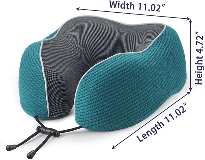 napfun Neck Pillow for Travel with Travel Pouch, Sleep Mask & Earplugs, Memory Foam Airplane Pillow for Headrest Sleep with Eyeshades, Plane Essentials with Eye Blindfold, Teal Striped Kit