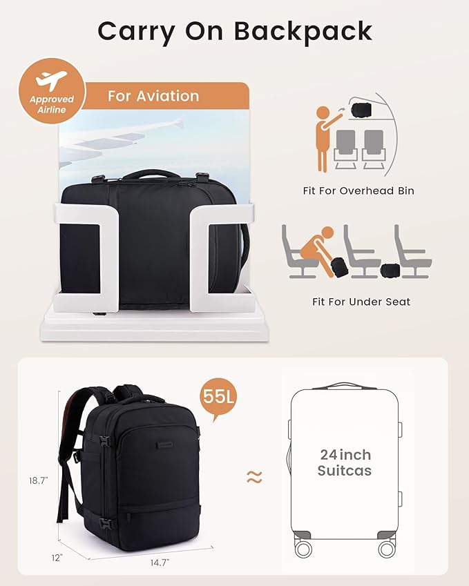 LOVEVOOK Travel Backpack for Women & Men, Carry On Backpack with Cup Holder, Personal Item Travel Bag Flight Approved with Padded Laptop Compartment, Weekender Daypack With 2 Cubes, 18 Inch Black
