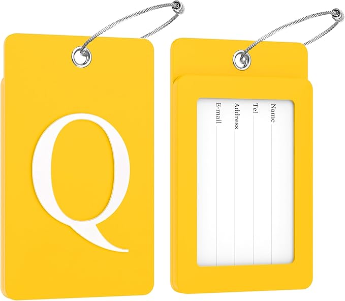 Gostwo 2 Pack Luggage Tags for Suitcases, 26 Initial Letter Travel Luggage Baggage Identification Labels ID Tag Fully Bendable Tags with Stainless Steel Loop (Yellow) (Letter Q)