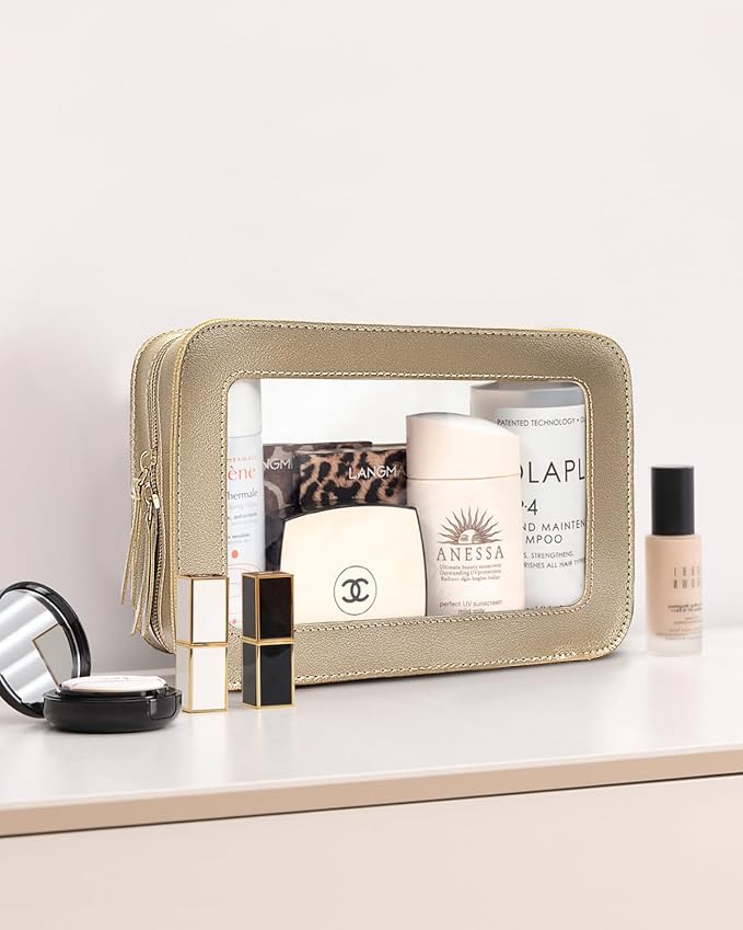 LETGO Clear Makeup Bags for Travel, TSA Approved Toiletry Bag with Zipper, Cosmetic Organizer Fit Carry-on, Car Accessories for Women Men (Clear-Golden)