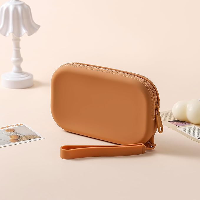 Small Silicone Multifunctional Essential Bag Portable Travel Makeup Bag for Women Men Cards Cash Bag Zipper Pouch (Light Brown)