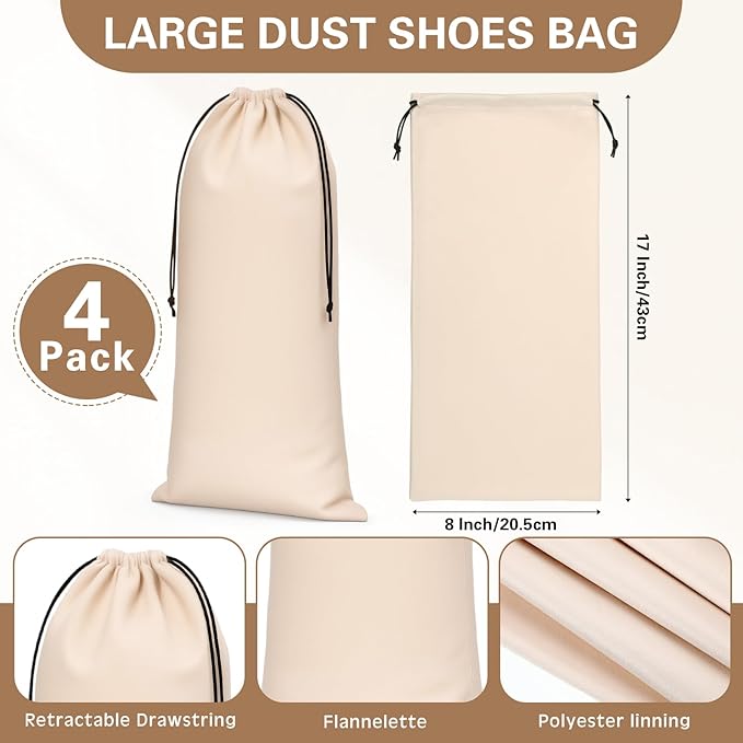 Amylove 4 Pcs Flannel Cloth Shoe Bags for Travel, 8 x 17 Inches Dust Pouch with Drawstring Closure, Washable Breathable Cotton Fabric for Luggage(Beige)