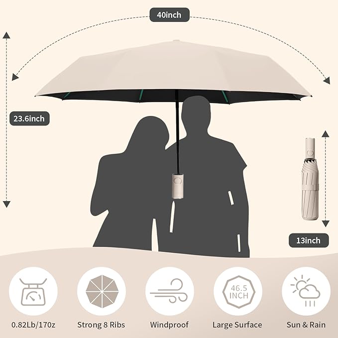 Compact Automatic Folding Travel Umbrella-Windproof Rainproof, PF50+ Sun Protection for Hiking,Outdoor,Chool,Golf Course & Daily Use,Sturdy Multi-Ribbed Frame