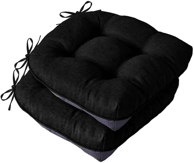 Chair Cushions for Dining Chairs, Seat Cushions for Kitchen Chairs, Indoor Seat Cushions with Ties, Tufted Foam Chair Pads, Non Slip Chair Cushions Set of 2, 15.5" x 15.5" x 4", Black