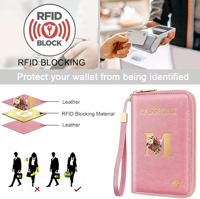 Passport Holder for Travel Personalized Passport Holder Initial Letter Rose Flower RFID Blocking Travel Wallets Credit Cards Holder for Women Men, Pink M