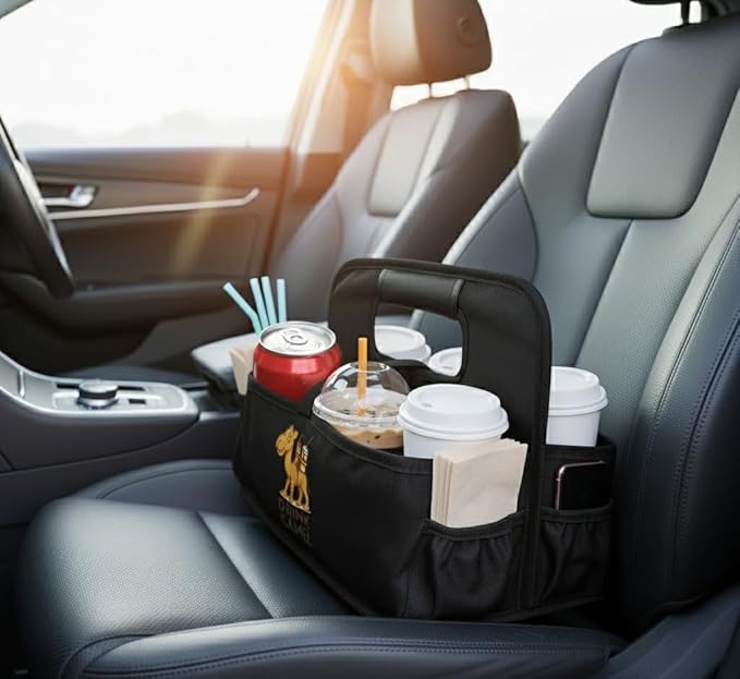 Reusable Drink Carrier with Handle – Durable No-Spill Insulated & Collapsible Beverage Bag with Pockets, Portable Caddy for On-the-Go Delivery, Travel & Car Use (6 Cup Carrier, Jet Black)