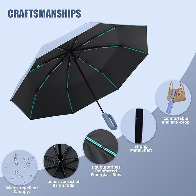 Compact Automatic Folding Travel Umbrella-Windproof Rainproof, PF50+ Sun Protection for Hiking,Outdoor,Chool,Golf Course & Daily Use,Sturdy Multi-Ribbed Frame