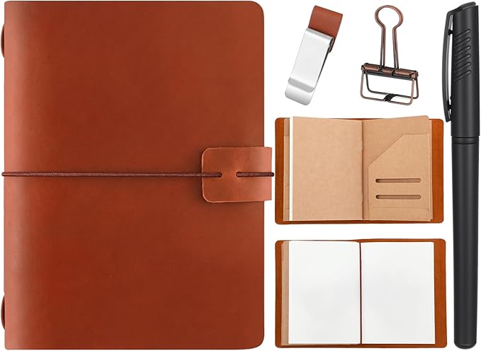 Thenshop Travelers Refillable Leather Journal Notebook Travel Diary Handmade Passport Travelers Journal for Men and Women with 3 Notebook Inserts, Pen Holder, Binder Clip(Brown,Passport Size)