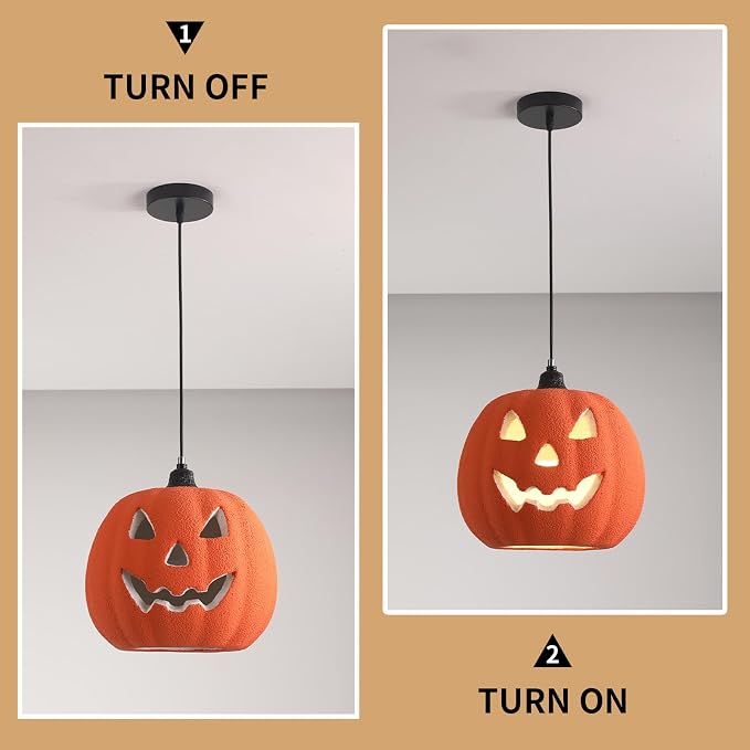 JAYMP Halloween Light Up Pumpkin Pendant Light, Jack O Lantern, Living Dining Room Hanging Lamp E26 Base Lighting Fixture (Orange, 12.6in Small Size)