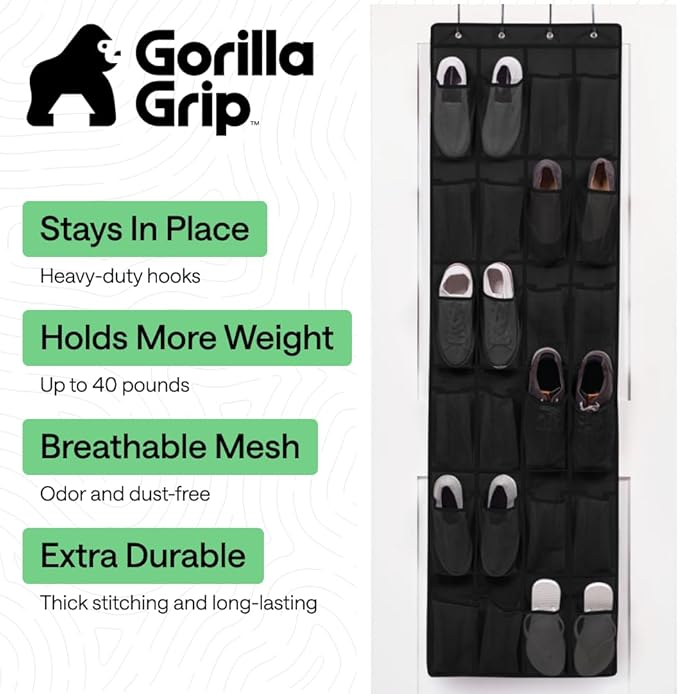GORILLA GRIP Over the Door Shoe Organizer, 2 Pack, 24 Breathable Mesh Pockets, Space Saving Hanging Storage Holder, Closet Rack Hanger Holds Up to 40 lbs, Hangs on Closets, Shoes, Accessories, Black
