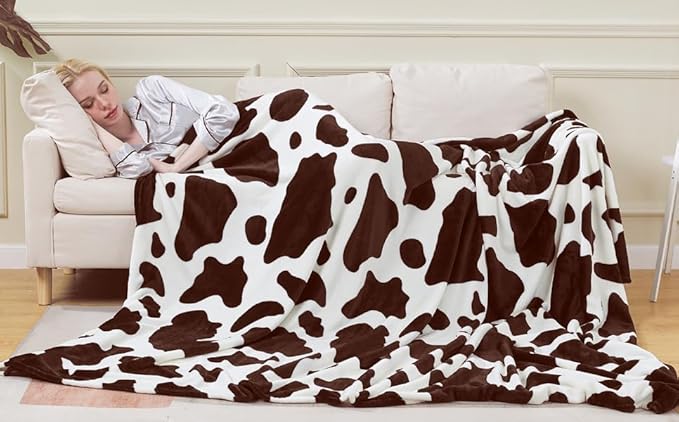 Fleece Cow Print Blanket Queen Size for All Season - Premium Lightweight Anti-Static Super Soft Cozy Plush Cow Blankets for Queen/Full Bed,90" x 90"(Brown Cow)