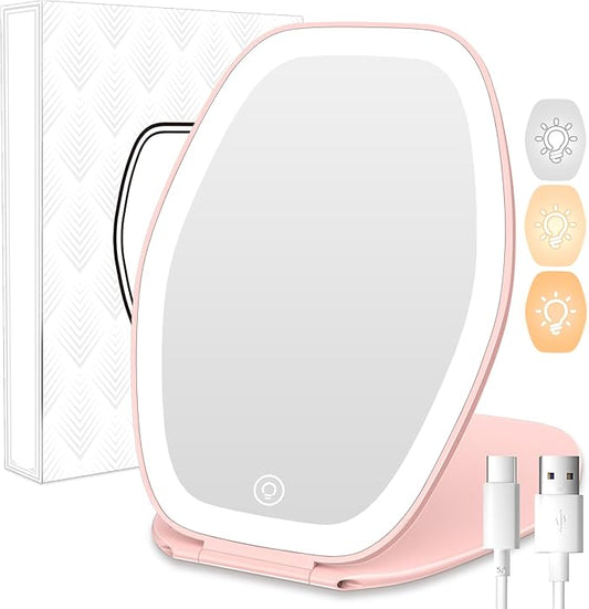 COSYGLOW Travel Makeup Mirror with Light: 3 Color Lighting Portable Mirror with Touch Screen Rechargeable Adjustable LED Lights Hexagon Vanity Mirror for Travel, Desk, Home (Pink)