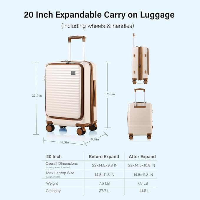 Carry On Luggage Airline Approved, 20 Inch Expandable PC Hardside Lightweight Suitcases with Spinner Wheels and TSA Lock (Beige, 20 Inch)