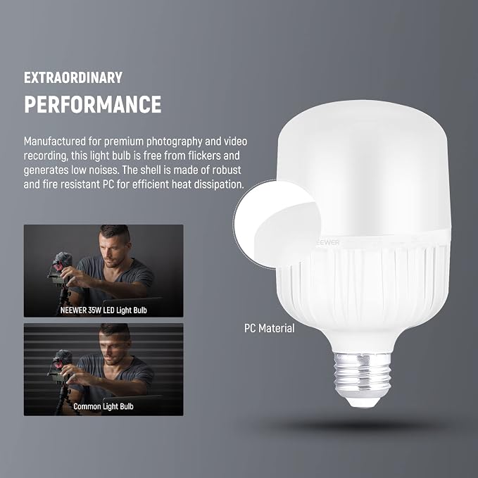 NEEWER E26 35W LED Light Bulbs, 2 Packs, 3150 Lumens/5700K/CRI 93+/15000h Lifespan, Bright Video Photography Lighting, Silent/No Flicker/Non Dimmable 350W Incandescent Equivalent | 15000h Lifespan, Bright Video Photography Lighting, Silent, No Flicker,...