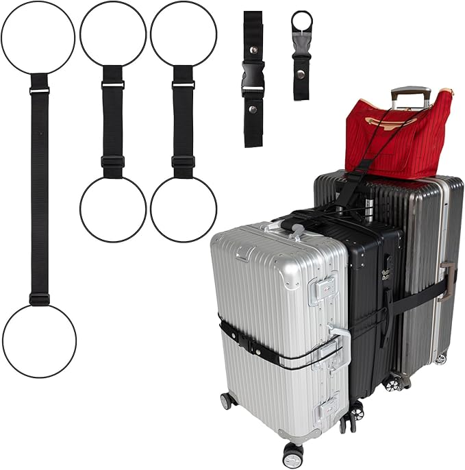 Luggage Straps 3 PCS for Suitcases TSA Approved 2 Short & 1 Long Adjustable Straps with Elastic Thick Rope for Connecting Suitcases and Bags Stably with Strap Buckle and Bottle Buckle Clip, Black