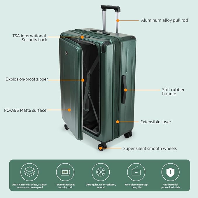 Premium Carry On Luggage, 29 Inch Top Opening Aluminum Frame Airline Approved ABS+PC Hard Shell Suitcases with Silent Wheels, TSA Lock, Front Pocket & Wet-dry Separated Six-piece set