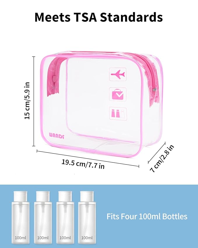 WANDF TSA Approved Toiletry Bag, 2 Packs Travel Clear Toiletry Bag, Quart Size Makeup Cosmetic Pouch with Zipper, Carry-On Airport Compliant Bag for Women and Men (2pcs Pink)