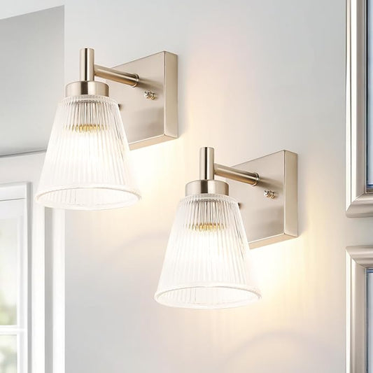 OCIOC Vintage Wall Sconce Set of 2 with Glass Shade Brass Sconces Brushed Nickel Bathroom Vanity Light Fixtures Modern Wall Lighting Fixture for Bedroom Bedside Door Header