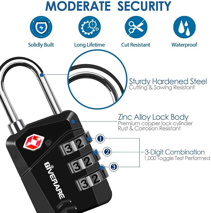 2 Pack TSA Approved Travel Luggage Locks, Metal Combination Lock, Alloy Keyless 3-Digit Padlocks, TSA Accepted Compatible Padlock for Gym Locker, Golf Bag Case, Backpack, Black-by GIVERARE