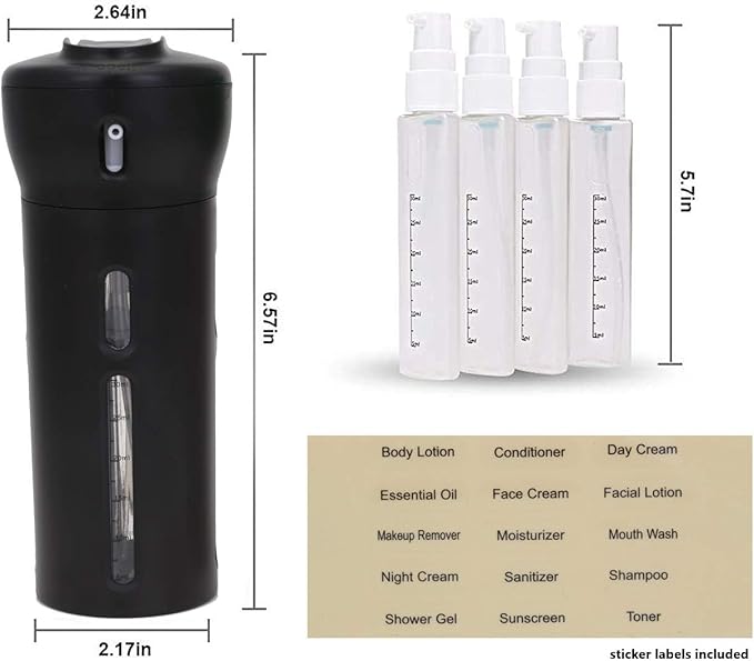 Travigo 4-in-1 Travel Dispenser Bottle, TSA Approved, Leak Proof, Four Reusable 1.4 oz. (40 mL) Toiletry Containers for Shampoo, Conditioner, Soap, Lotion, Skincare (Black)